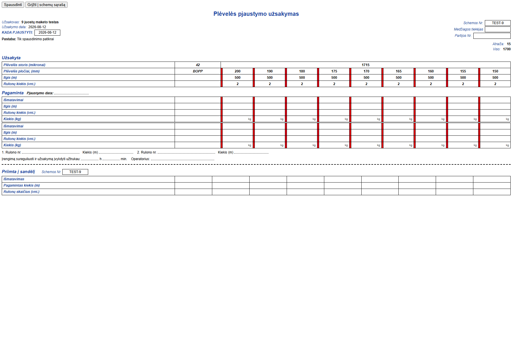 Demonstracinė devynių juostų pjaustymo schema